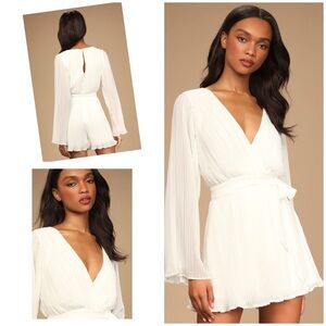 Lulus Embrace Your Beauty Romper Ivory Pleated Long Sleeve Skort Size S NWT